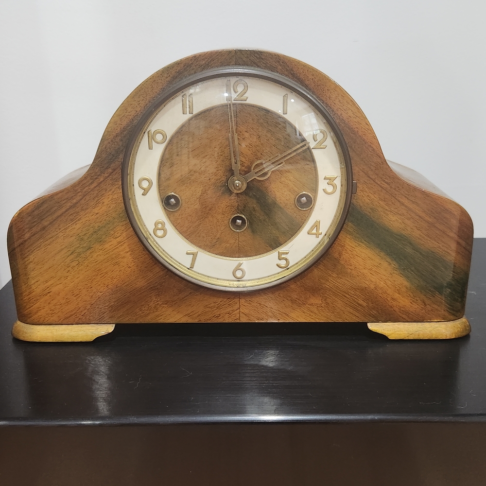 Antique MCM Franz Hermle & Sons Mantle Clock Art Deco Germany Wood Vintage W/Key